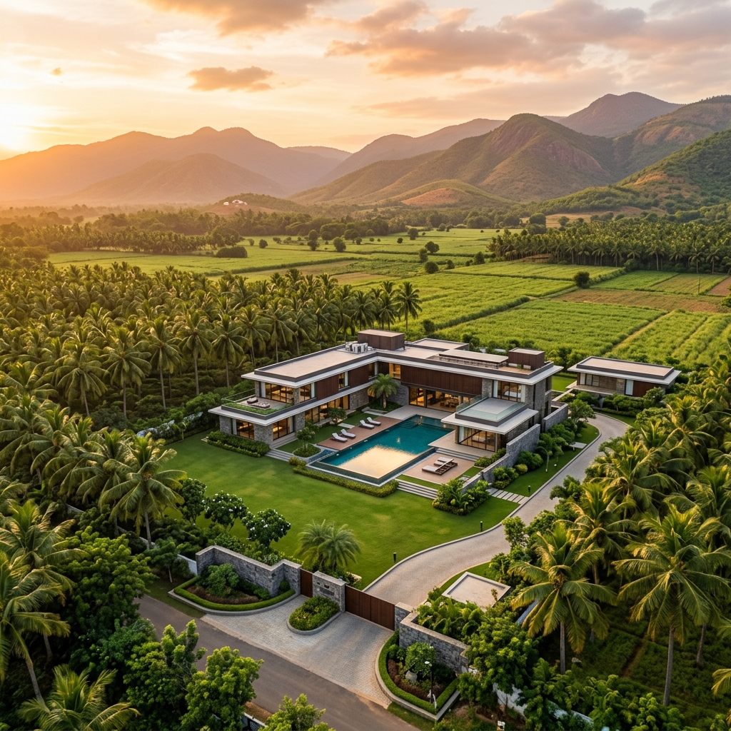 Aerial view of luxury estate in Tamil Nadu